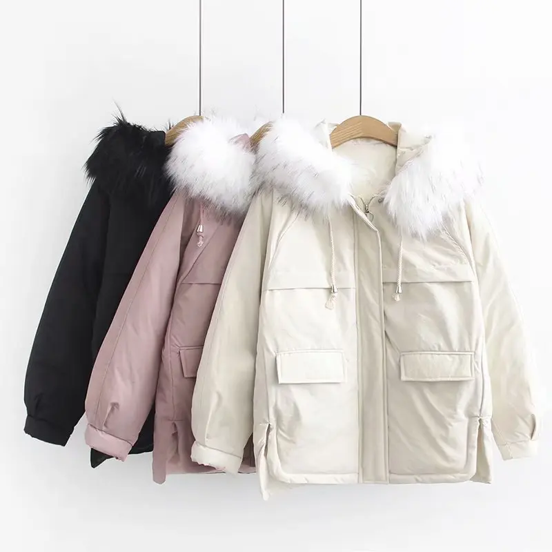 

2018 Winter New Style Korean-style Fashion WOMEN'S Dress Loose-Fit Slimming Large Fur Collar Short Hooded Cotton-padded Clothes