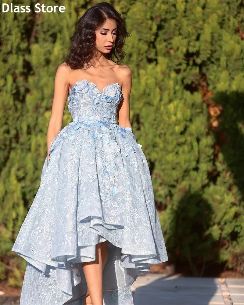 

Light Blue Prom Dress A-line Laces Strapless Sweetheart Neck High Front Low Back Flower Evening Dresses