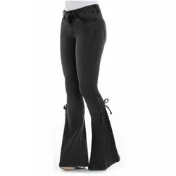 Сексуальные расклешенные джинсы средней талии средней длины ретро синие узкие джинсы с колокольчиком Модные женские растягивающиеся