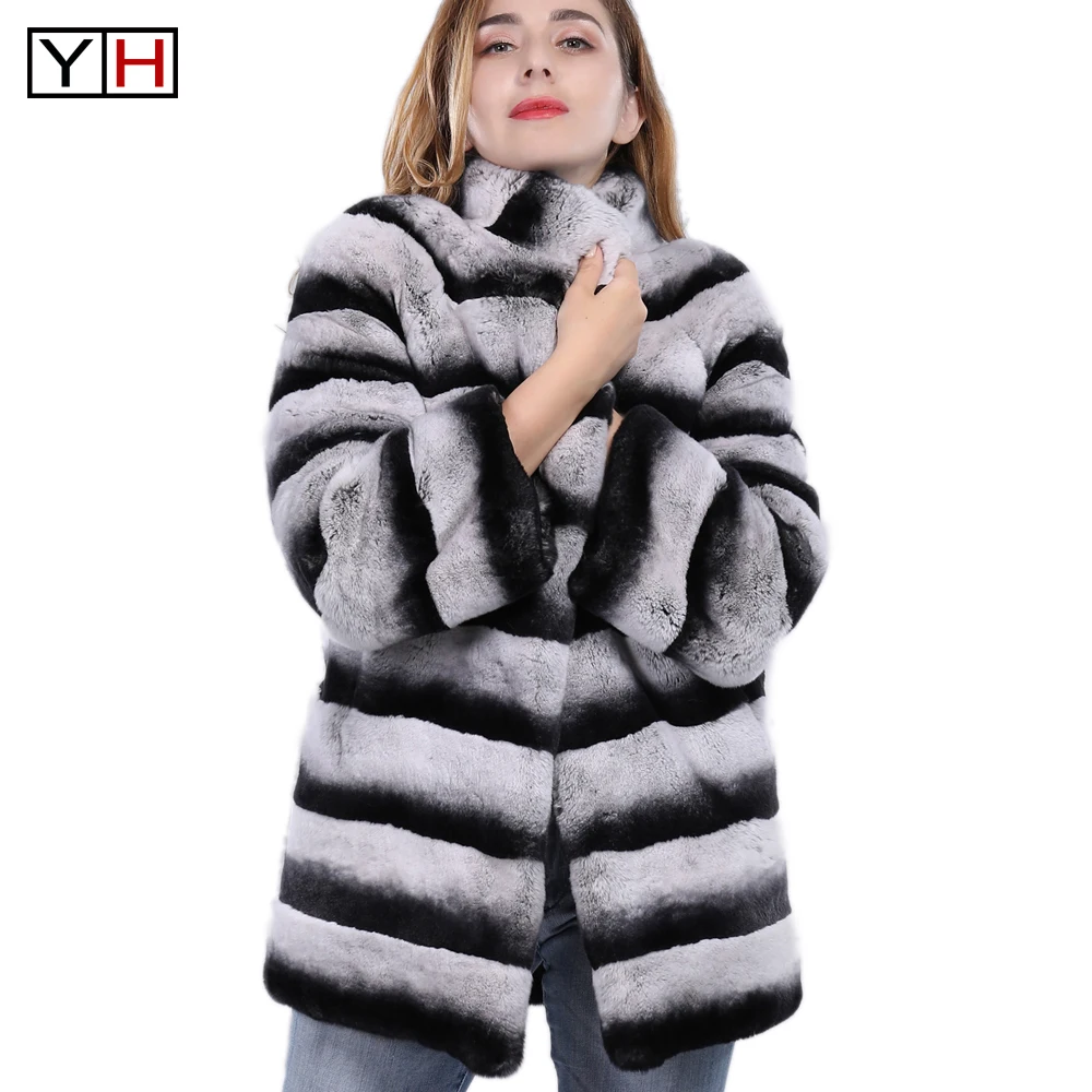 

Women Winter 100% Real Rex Rabbit Fur Coat Lady Long Style Chinchilla Fur Jacket Natural Warm Fur Outerwear Brand Customized