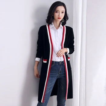 

2020 New Women Long Sleeve Long Striped Knitted Sweater Coat Women Pocket Cardigans Long Sweater Jumper Outwear Cape Casual