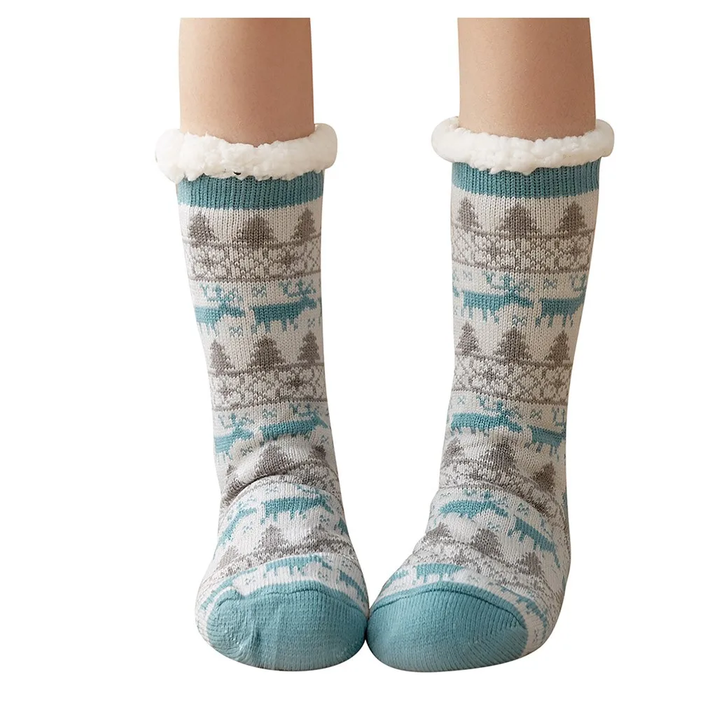 Light blue Рождественские носки женские хлопковые носки с принтом, толстые нескользящие носки-тапочки, теплые зимние флисовый носок для женщин - Цвет: Light blue