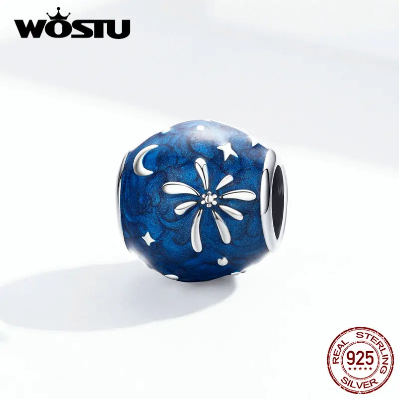 WOSTU 925 пробы Серебряный фейерверк синий бисер круглый Шарм Подходит браслет кулон Год Вечерние ювелирные изделия CTC132