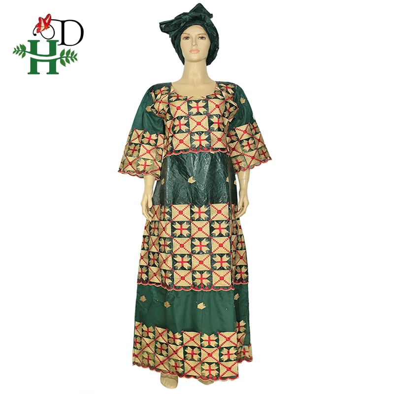Green H&D африканские платья для женщин Базен длинная рубашка Дашики платье вышивка кружева элегантное платье нигерийские головные уборы roupa africana - Color: Green