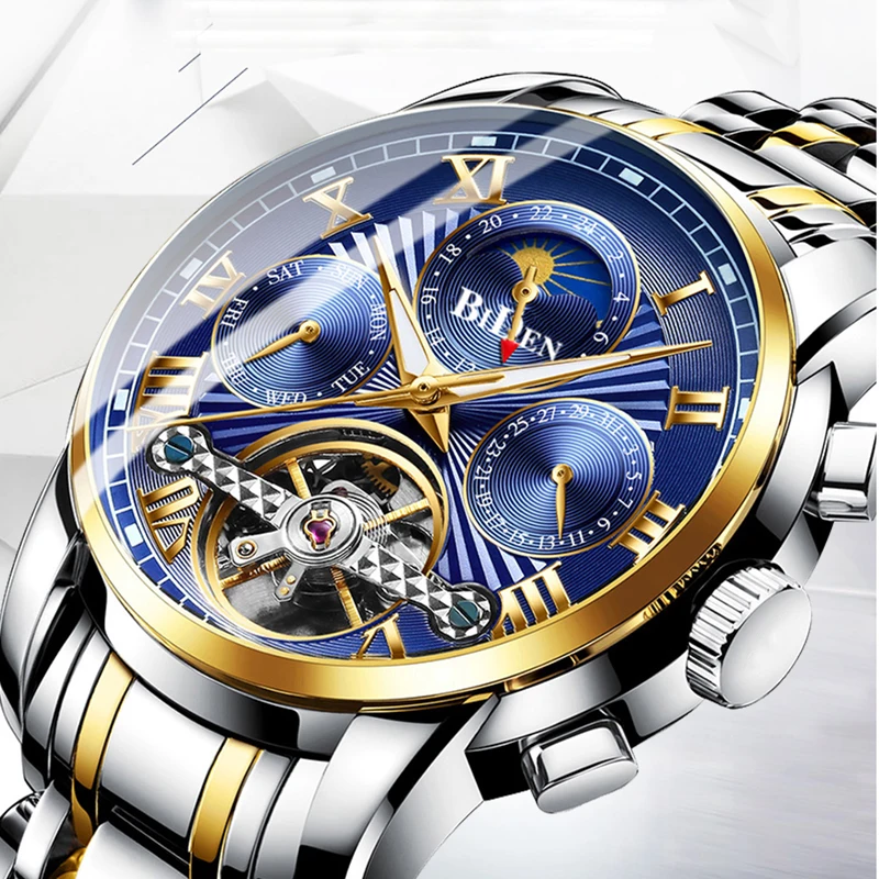 

BIDEN Fashion Mens Watch Waterproof Automatic Mechanical Watches Moon Phase Week Display Wristwatches Male Clock Erkek Kol Saati