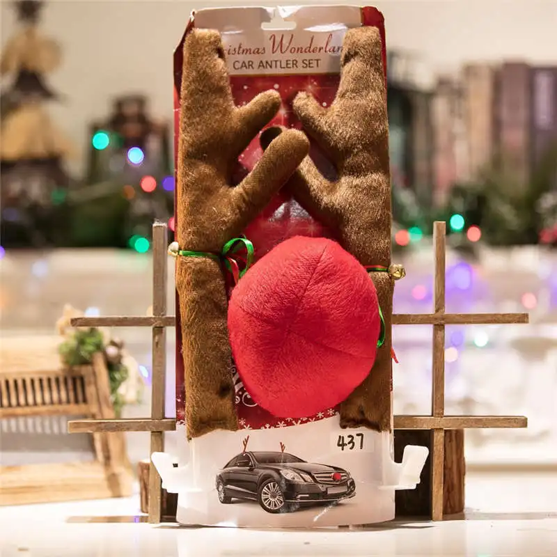 3 шт. Рождественский Декор для автомобиля с изображением оленя, костюм рудолфа, Рождественские оленьи рога, красные украшения на нос, оленьи рога
