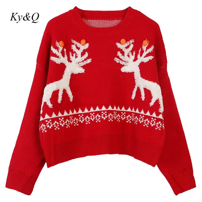 Design Red Jumper 2019 Winter Women O-neck Christmas Cartoon Sika Deer Embroidery Long Sleeve Loose Sweater Vintage Clothes | Женская