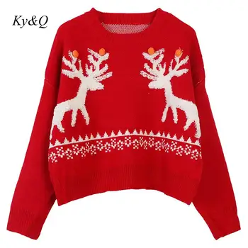 

Design Red Jumper 2019 Winter Women O-neck Christmas Cartoon Sika Deer Embroidery Long Sleeve Loose Sweater Vintage Clothes
