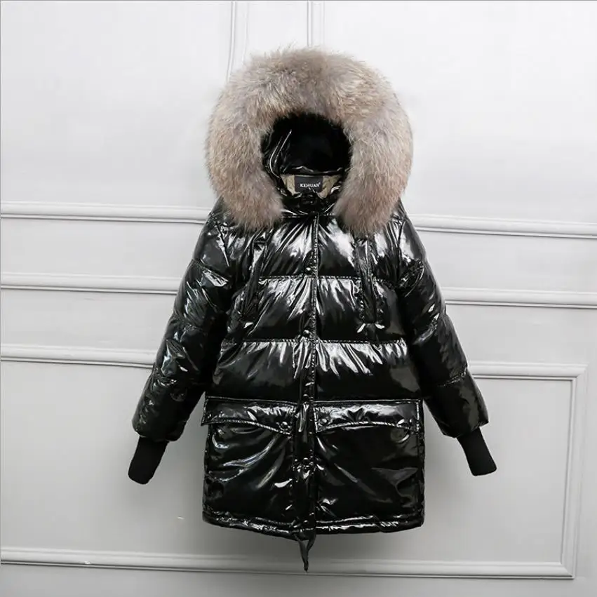 black with gray fur Зимние супертолстые модные брендовые парки с натуральным мехом и капюшоном, Женские глянцевые пуховики, плотное теплое пальто wq522 - Цвет: black with gray fur