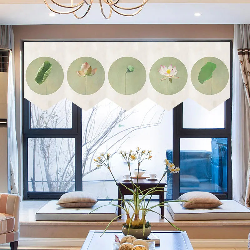 

Chinese Linen Fabric Kitchen Short Hanging Curtain Triangle Flag Ink Lotus Pattern Restaurant Window Partition Curtain 21 Styles