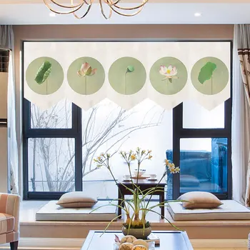 

Chinese Linen Fabric Kitchen Short Hanging Curtain Triangle Flag Ink Lotus Pattern Restaurant Window Partition Curtain 21 Styles