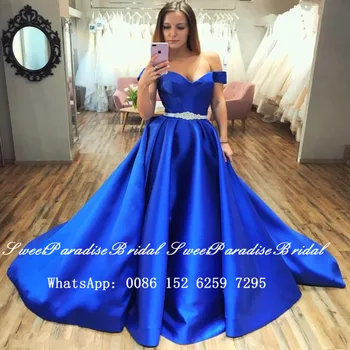 

Royal Blue Satin Evening Dress With Beads Waist 2020 Off Shoulder Long Chapel Train Graduation Prom Dresses Robe De Soiree