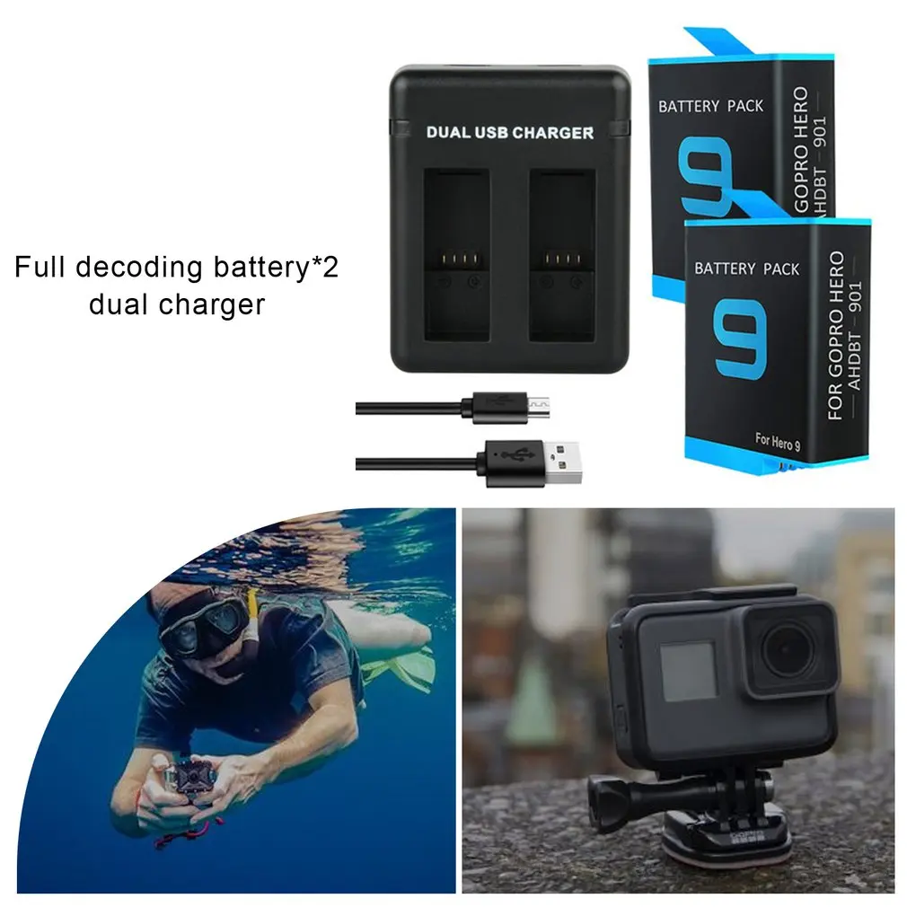 

For GoPro Hero 9 Black 1800mAh Li-ion ABT-901 Batteria Camera Accessories For Go Pro Hero 9 Battery Charger