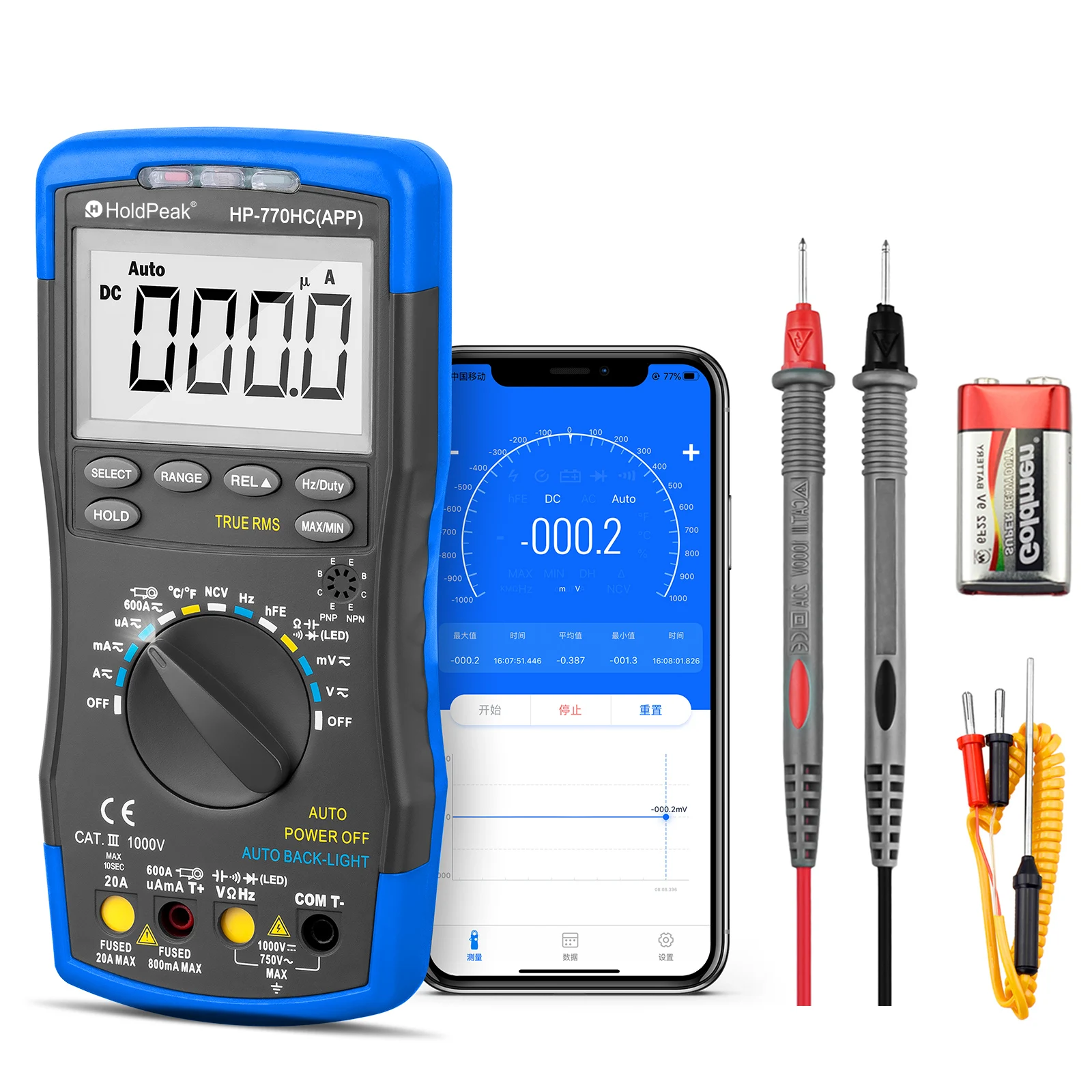 

HOLDPEAK Bluetooth Auto Ranging Digital Multimeter HP-770HC-APP True RMS with NCV Feature and Temperature/Duty Cycle Test