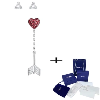 

SWA New GOOD Pierced Earrings with Shining Triangle Arrow Red Heart Asymmetric Female Stud Earrings Unique Retro