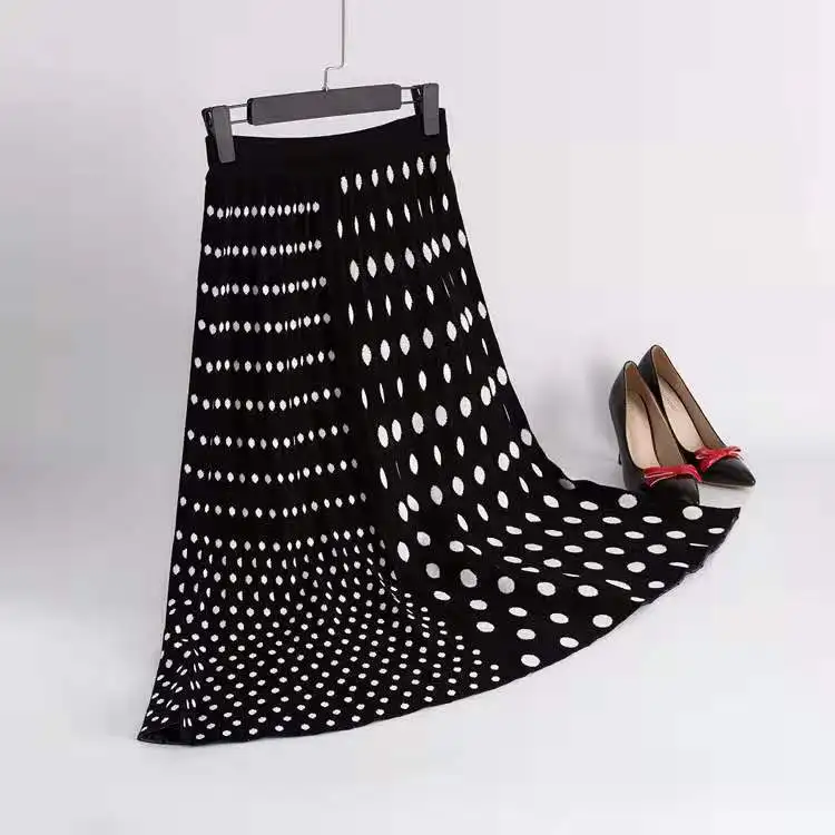 Women's Winter Pleated Skirts Sexy High Waist Skirts Elastic Waist Jupe Femme Falda Mujer Autumn Chic Dots Printed knitted Skirt