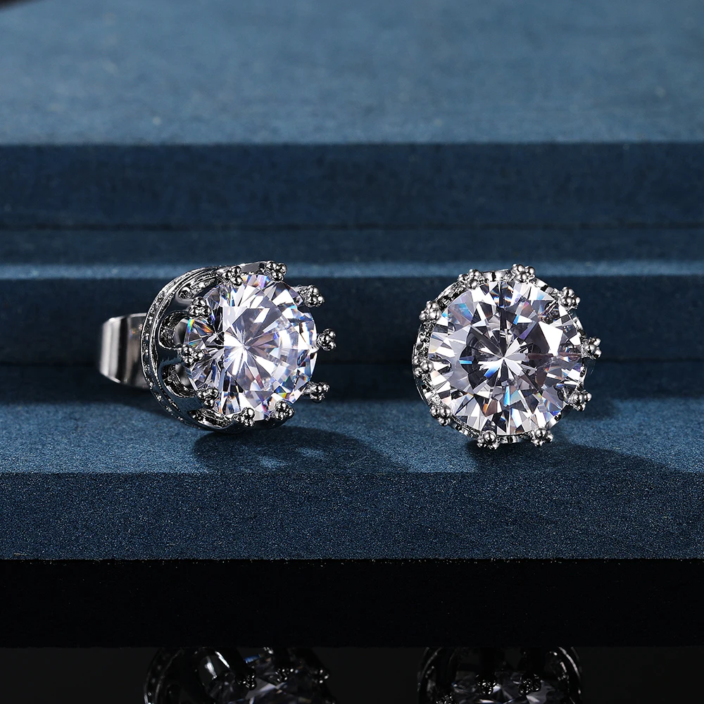 Huitan Luxury Stud Earrings for Women Crown Shaped Setting Round CZ Zirconia Wedding Earrings Party Daily Wear Statement Jewelry - Image 3