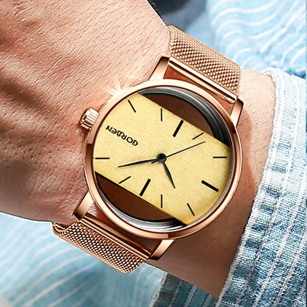 Hot Sale  Unique Watch Creative Half Transparent Unisex Watches For Men Women Couple Fashion Wood Dial Stainl