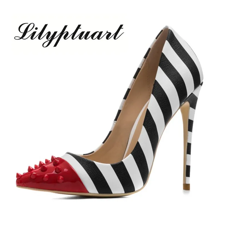 

Lilyptuart Studded High Heels 12cm Stilettos Women Pointed Toe Rivet Ladies Party Pumps Zebra Shallow Colorful Shoes Woman 34-44