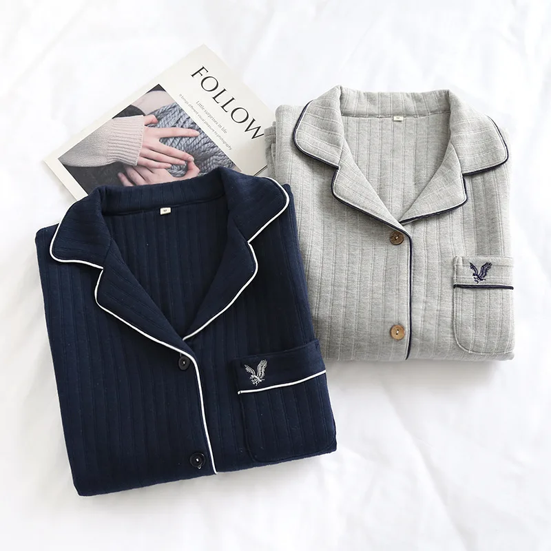 Japanese simple plaid Winter keep warm pajama sets men Navy style thicken 100% scuba cotton indoor sleepwear men homewear soft cotton pyjamas