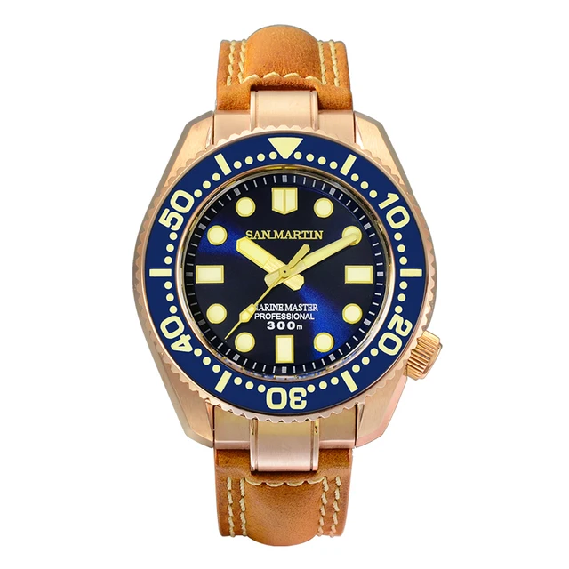 San Martin Diver Watch CuSn8 Bronze MM300 PT5000 Automatic Men Mechanical Watches Leather 300m Water Resistant Luminous Relojes Blue PT No Date