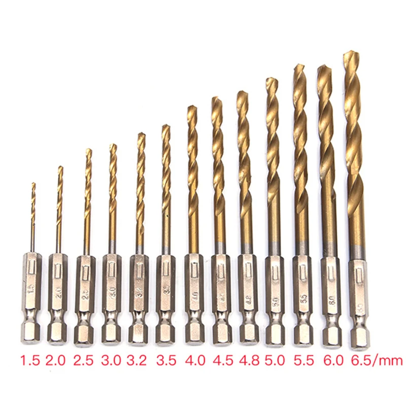 

13pcs/set HSS High Speed Steel Titanium Coated Drill Bit Set 1/4 Hex Shank 1.5-6.5mm Screwdriver Twist Drill Bit
