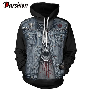 

2019 New Gothic Skull Hoodie Men's Hip Hop Hoodie Men / Women's Thin 3D Sweatshirt Print Fake Denim Jacket Skull Hoodie Pullover