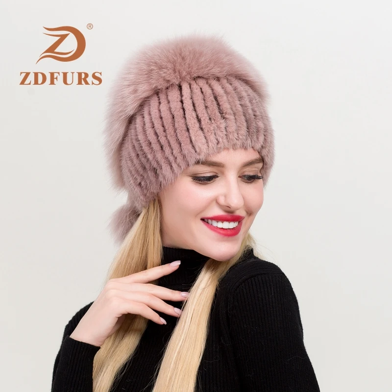 ZDFURS* горячая Распродажа модные зимние теплые женские вязаные шапки норковые шапки вертикальное плетение с лисьим мехом на верхней части