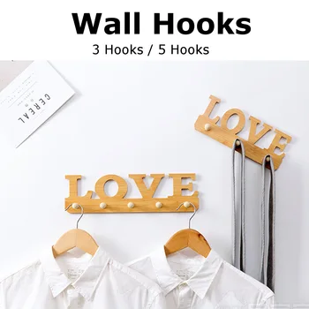 

Home Nail-Free Racks Bathroom Kitchen Wooden Wall Mount Hook Hangers With 3/5 Hooks Door Tiles Decorations Bag Keys Holder Wall