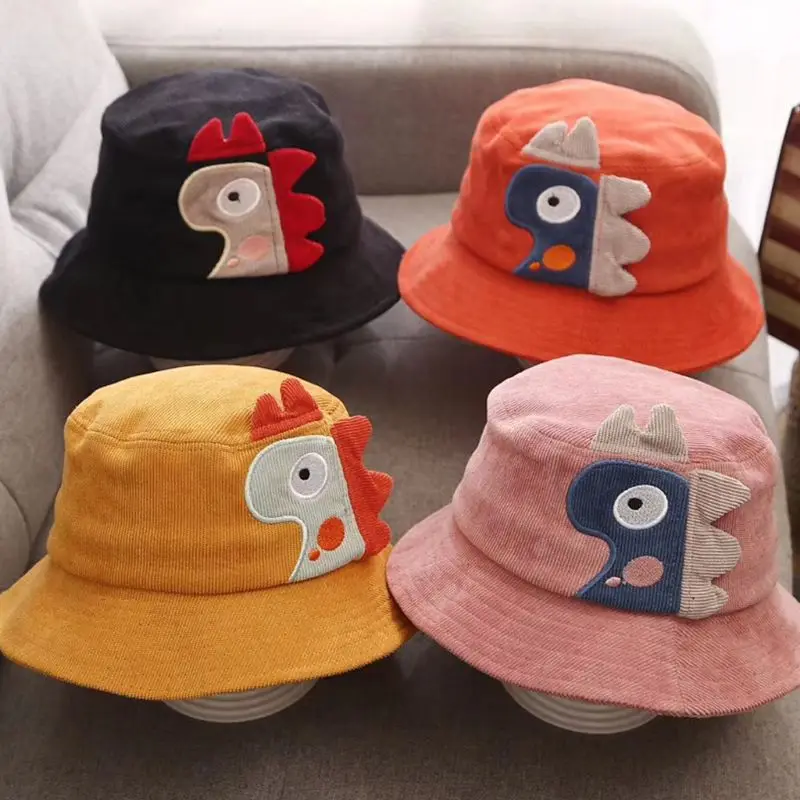 Toddler Kids Corduroy Bucket Cap Cute Cartoon 3D Dinosaur Applique Wide Brim Hat