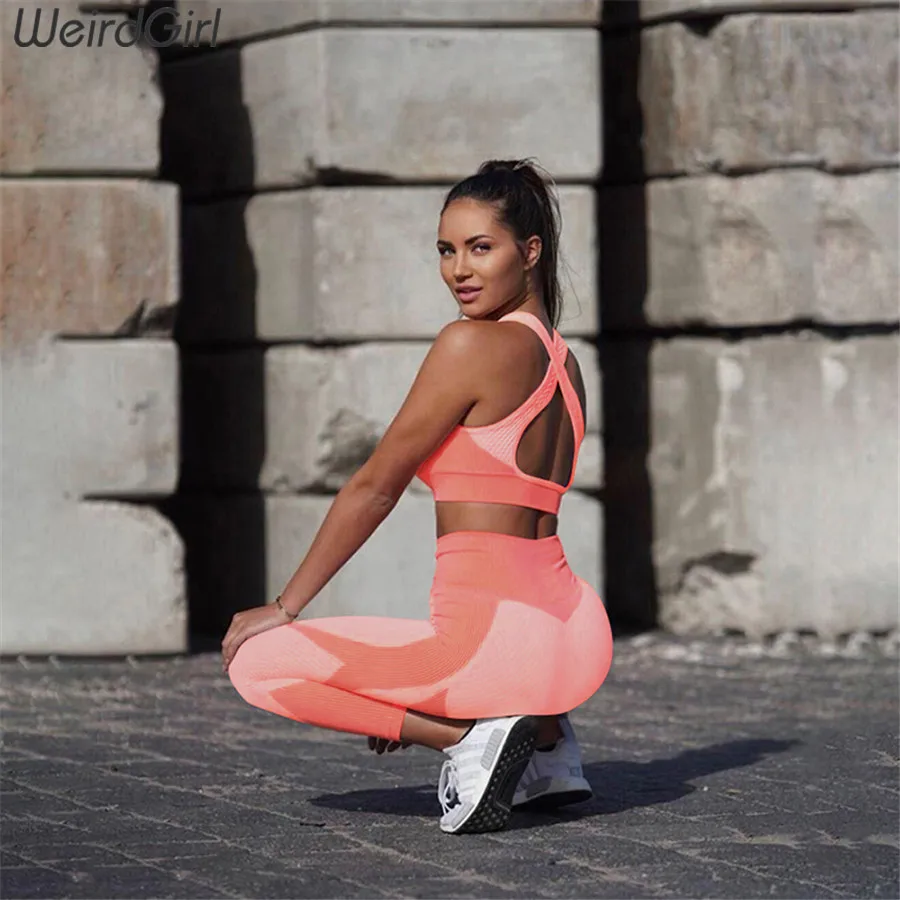  Weirdgirl Women sets 2 pieces Fitness Tracksuit Vintage elastic tank top with Pads Long high waist 