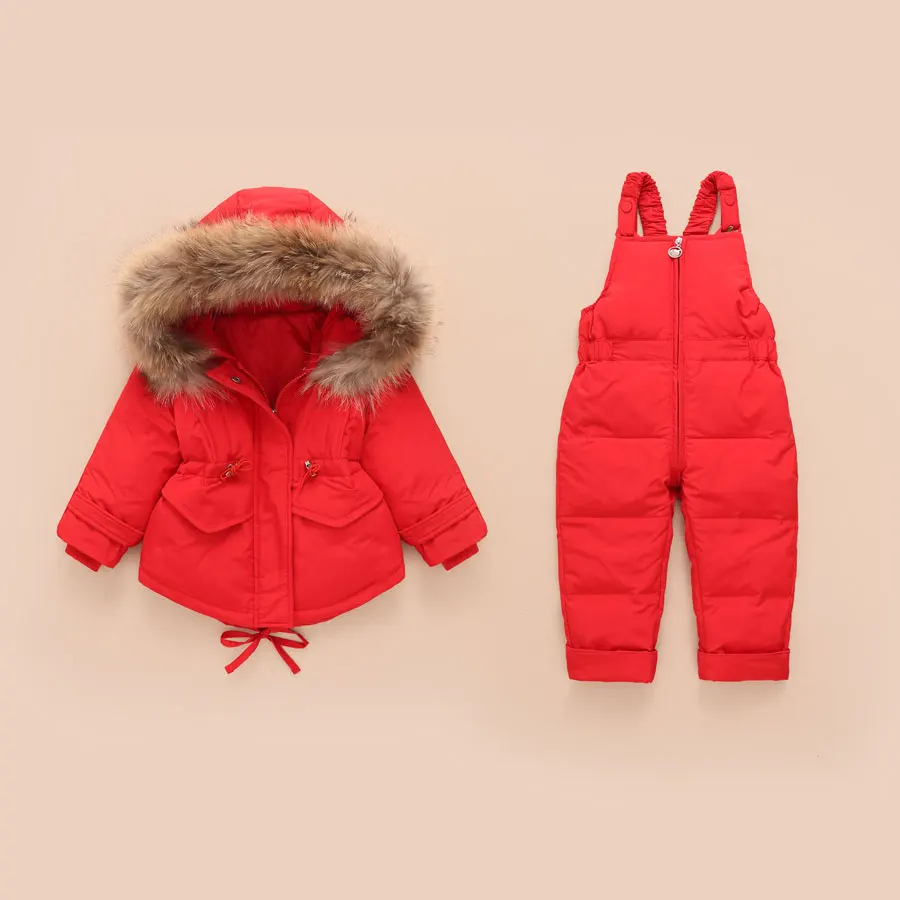 Г., зимние костюмы для мальчиков и девочек 8831 г. Детская верхняя одежда на утином пуху, пальто+ комбинезон толстый комплект из 2 предметов для малышей с большим меховым капюшоном - Цвет: Красный