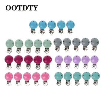 

OOTDTY 5pcs Metal Wooden Baby Pacifier Clips Solid Color Holders Infant Soother Clasps Pacifier Clip