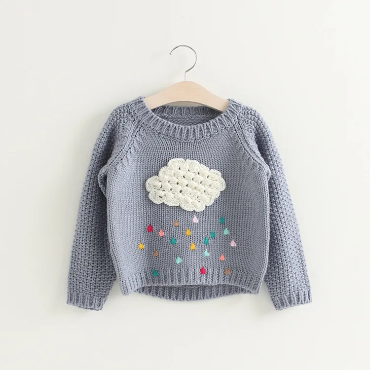 

2019 Autumn Korean-style Girls Stereo Stitched Pattern Cloud Raindrop Pullover Sweater Children Chunky Sweater
