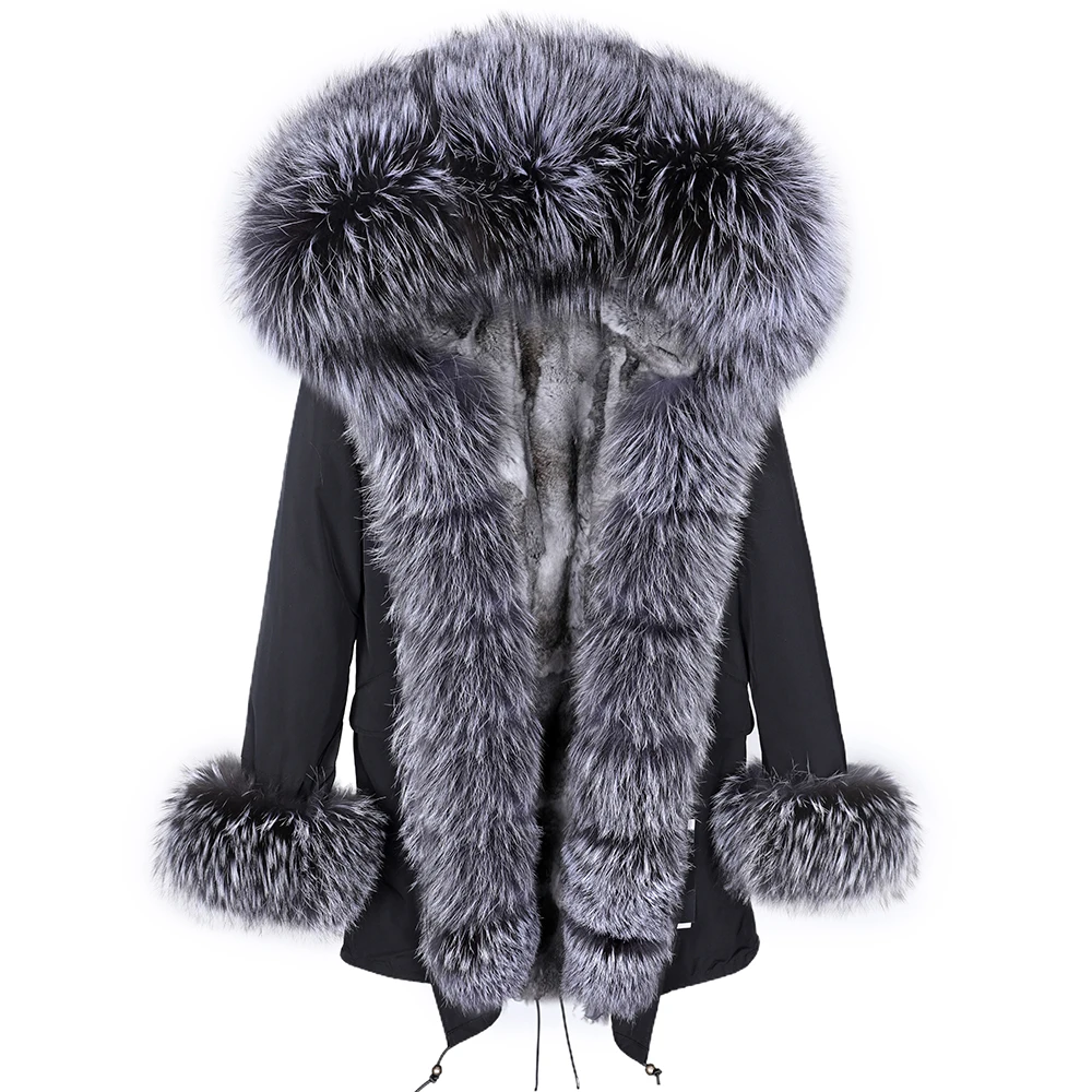 Maomaokong New Winter Women's Fur Natural Real Rabbit Fur Lining Silver Fox Fur Collar Warm Parka Coat Black Long Coat winter children real fur coat removable parka rex rabbit fur liner raccoon fur fox fur collar girls boys thick warm outerwear