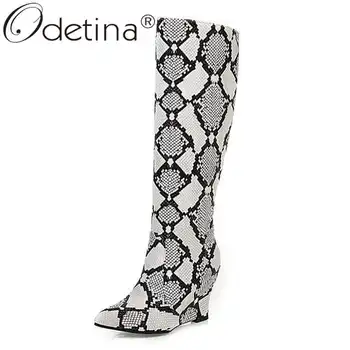 

Odetina Women's Snakeskin Clubwear Knee High Boots Side Zip Up Ladies Winter Wedge High Heel Sexy Autumn Half Boots Big Size 43