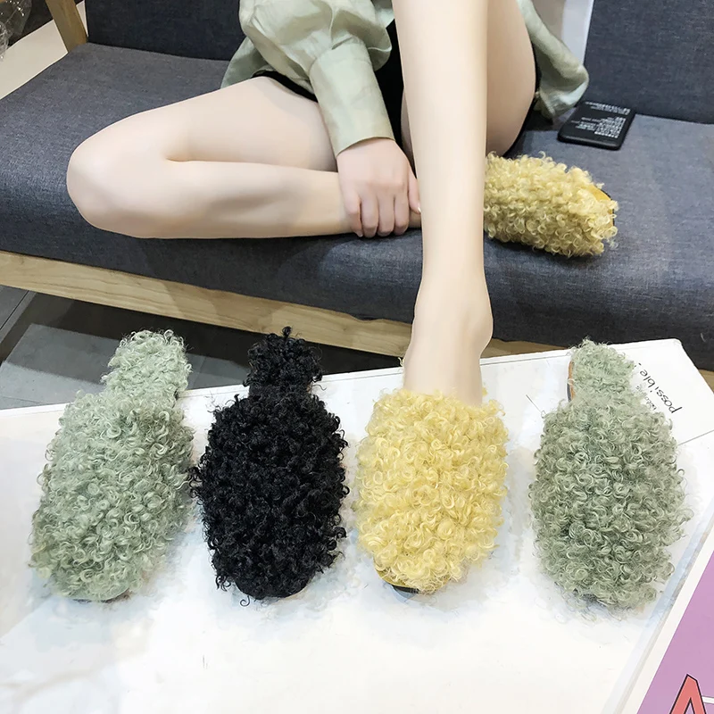 

Shoes Without Heel Slippers Fur Luxury Slides Shose Women Flock Cover Toe Heeled Mules Flat Plush Designer Rubber Buckle Strap