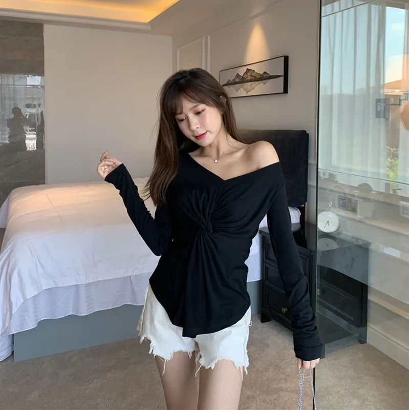 

Photo Shoot Cross Knot-Western Style Very Fairy Slimming Expose Clavicle T-shirt off-Shoulder Base Shirt Women's
