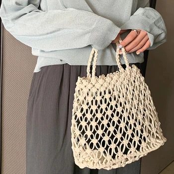 

vintage fishnet women handbags designer rope woven shoulder bags hollow out large capacity totes summer beach bali purses 2020
