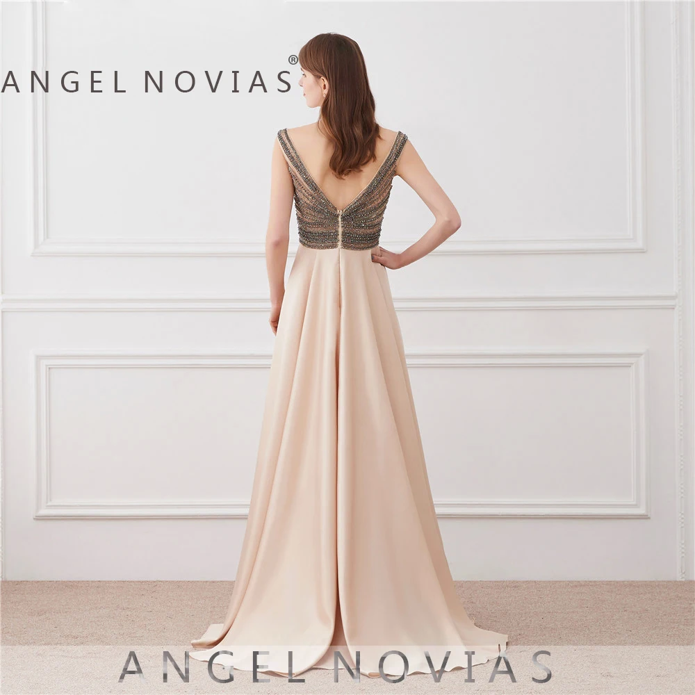 Женское длинное вечернее платье ANGEL NOVIAS блестящее цвета шампанского с открытой