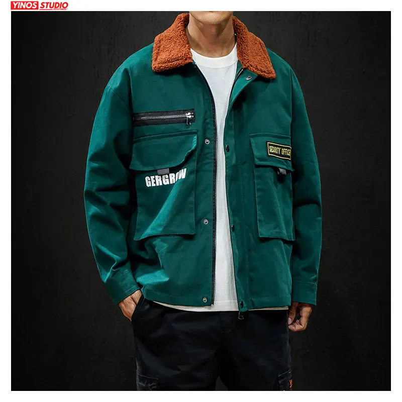 

Dropshipping Men Japanese Streetwear Lapel Cargo Pocket Tops 2019 Autumn Patchwork Vintage Coats Overalls Slim Fit Thick Jacket