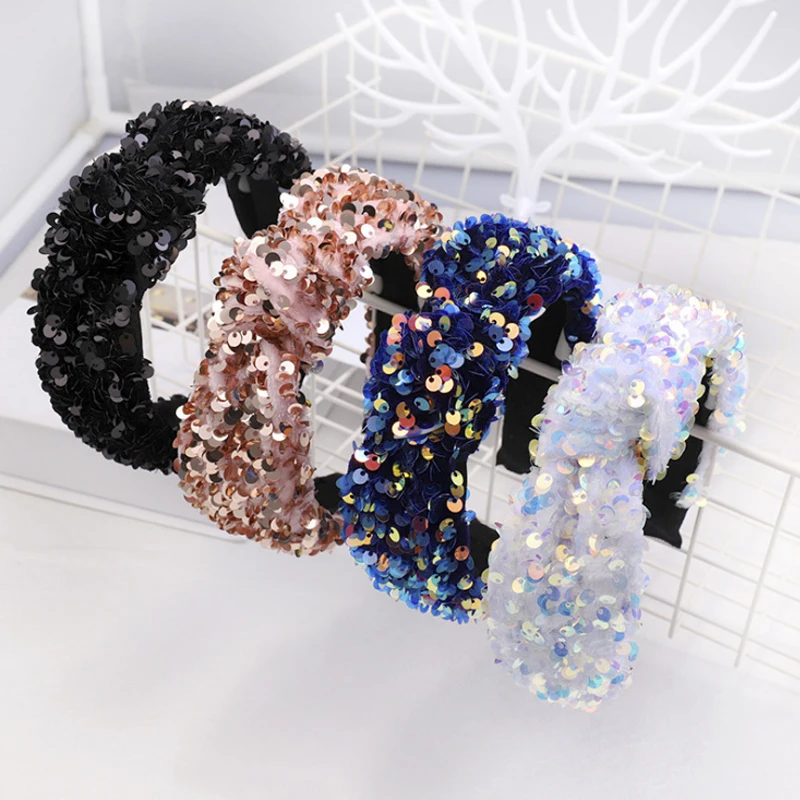 

Women bronzing Sequins Flower Mesh Hairband Wide-brimmed Headband Knotted Turban Women Girls Hair Accessories Hair Hoop Fashion