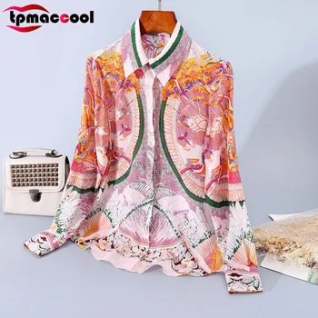

Tpmaccool High-End Women's Clothing vintage Printed 100% Silk Shirt Long Sleeve Lapel Buckle Temperament womens tops and blouses