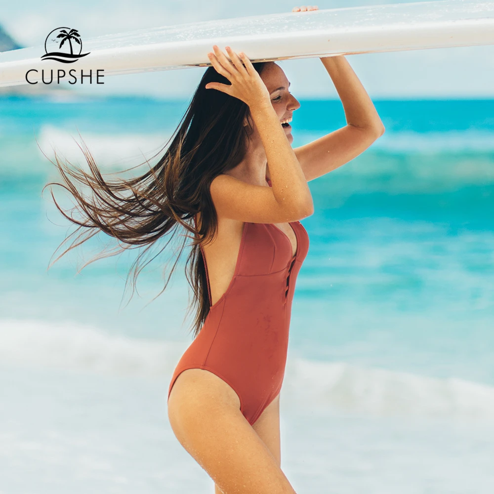 Koop Cupshe Actieve Oranje Gevlochten Band Een Stuk Badpak Vrouwen Effen Diepe Kelderen V hals Monokini 2020 Meisje Strand Badpakken
