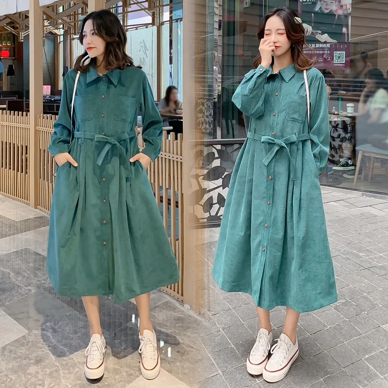 

2019 New Style Large Size Loose-Fit Mid-length Loose Autumn And Winter Tops Korean-style Pregnant Women Corduroy Nursing Dress