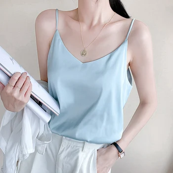 

Sexy Women Strap Top V Neck Sleeveless Summer Satin Silk Tank Tops Seamless Spaghetti Halter Camisoles Plus size Underwear #F