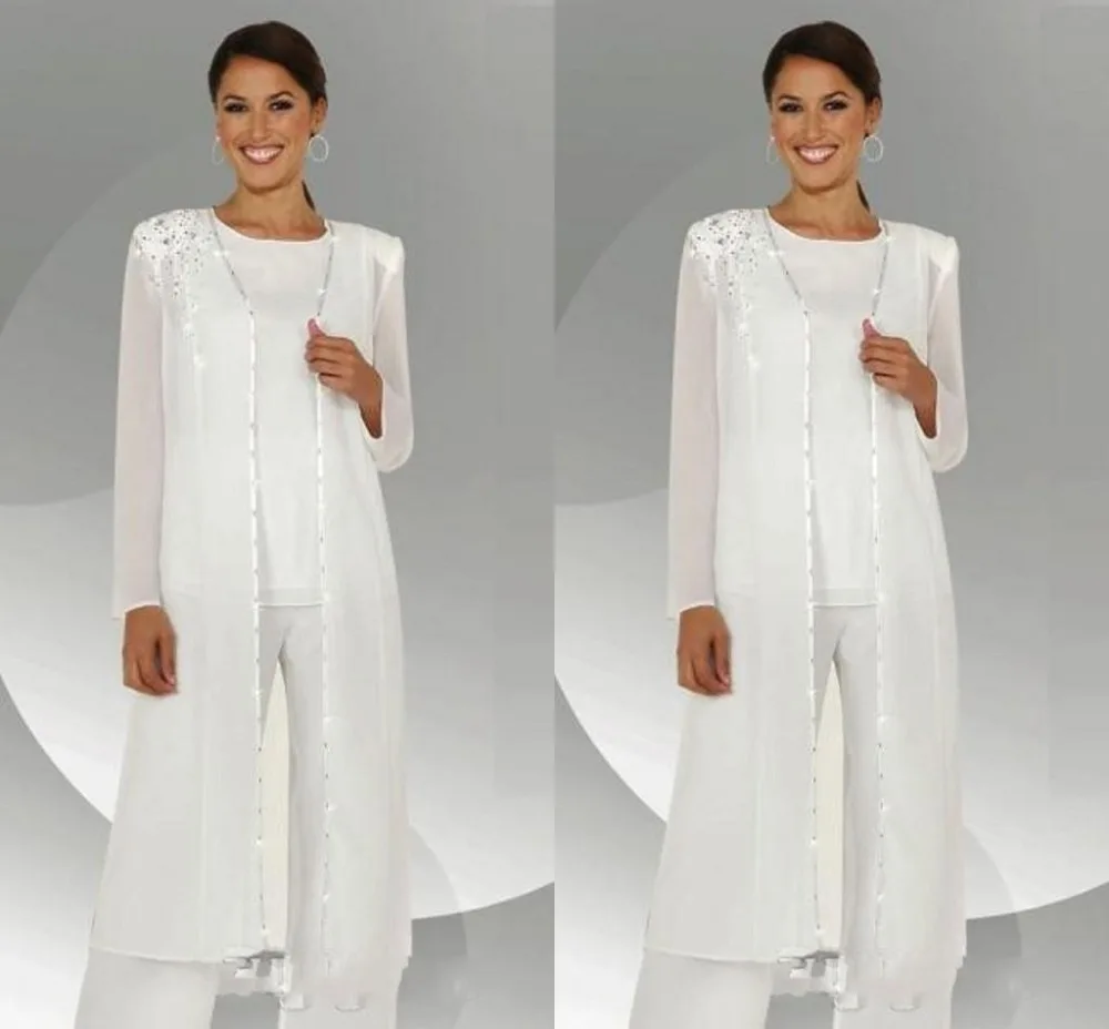 

White Long Jacket Chiffon Mother Of the Bride Plus Size PantSuits 3 Pieces Mothers Suit With Chiffon Jacket+pants for wedding