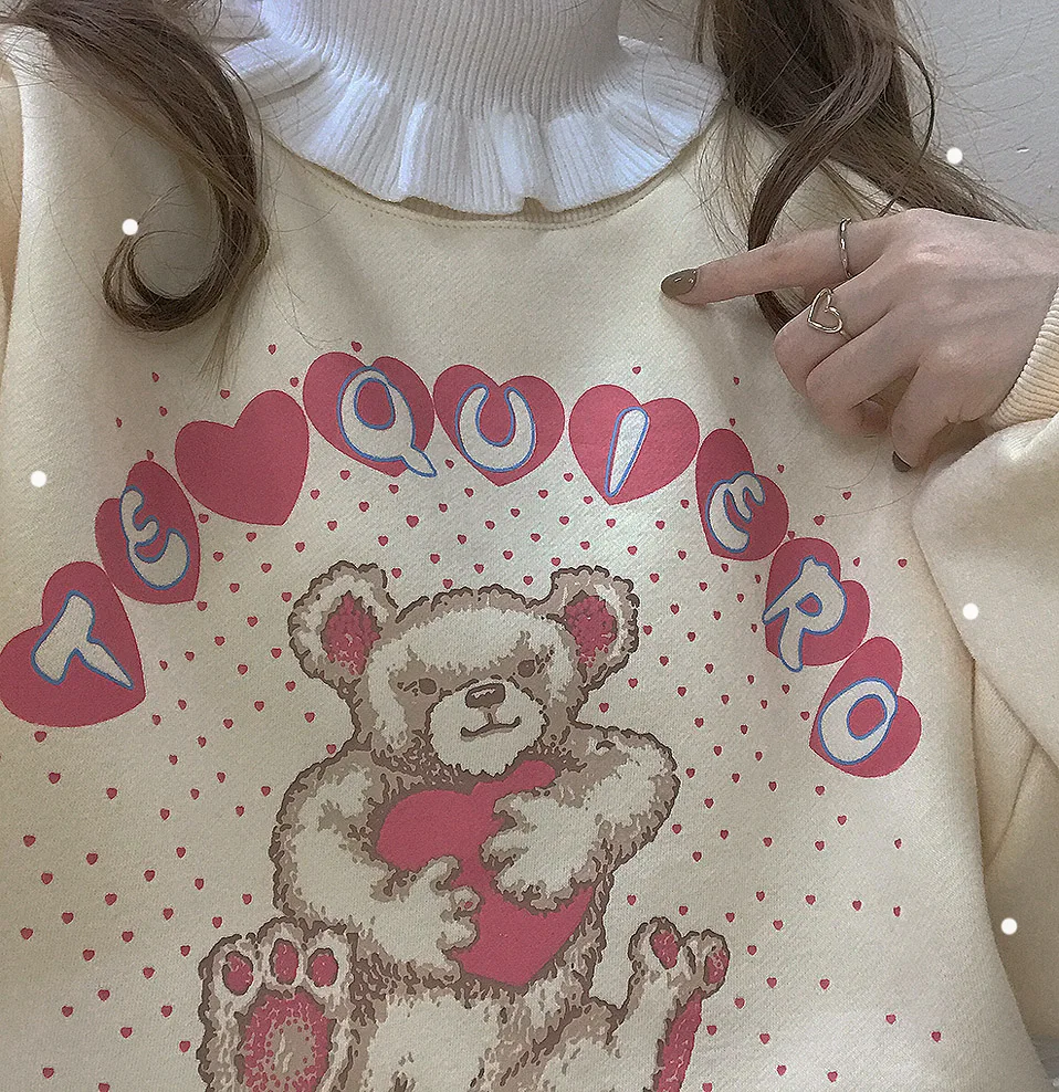 Kawaii Bear зимняя женская кашемировая теплая толстовка с круглым вырезом и длинным рукавом, пуловеры, плотные толстовки, милые