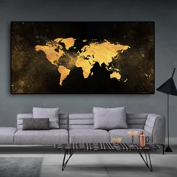 

Abstract black gold world map canvas painting poster and printed Nordic Fresco picture room decoration