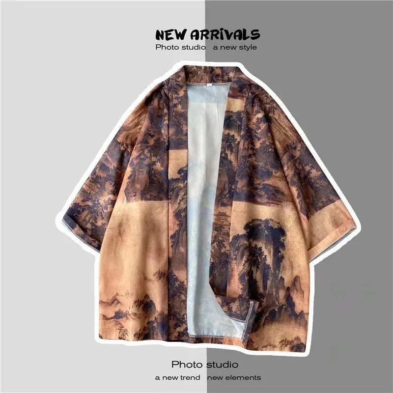 Japanese Kimono Man V-hanver Yukata Mannelijke Samurai Kostuum Haori Obi Strand Mannen Kimono Vest Japanse Streetwear Jas